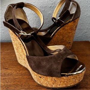 Jimmy Choo Brown Suede Cork Platform Wedge Sandals Women (37) 6.5